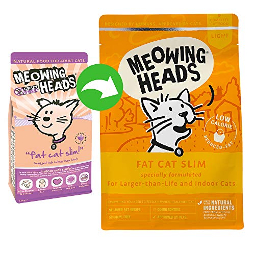 Meowing Heads comida seca para gatos baja en calorías - Fat Cat Slim - 100% Natural, Pollo y pescado, Receta sin cereales y baja en grasas, 1.5 kg