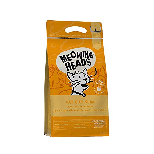 Meowing Heads comida seca para gatos baja en calorías - Fat Cat Slim - 100% Natural, Pollo y pescado, Receta sin cereales y baja en grasas, 1.5 kg