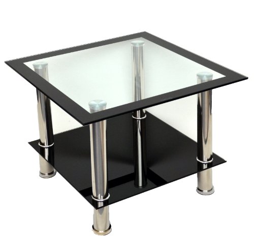 Mesa Auxiliar de Cristal, Mesa Cuadrada, Mesa para sofá en Acero Inoxidable, Vidrio Templado de 8 mm, Color Negro