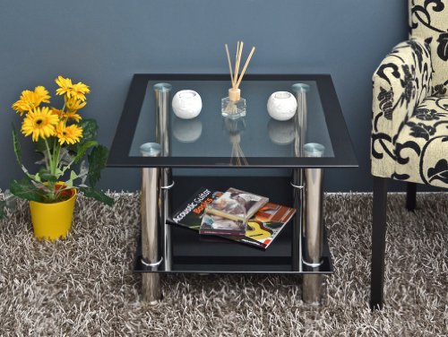 Mesa Auxiliar de Cristal, Mesa Cuadrada, Mesa para sofá en Acero Inoxidable, Vidrio Templado de 8 mm, Color Negro