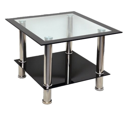 Mesa Auxiliar de Cristal, Mesa Cuadrada, Mesa para sofá en Acero Inoxidable, Vidrio Templado de 8 mm, Color Negro