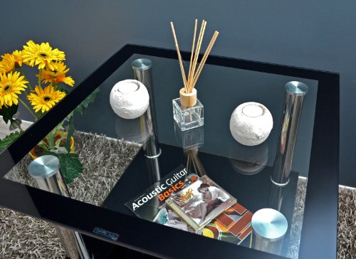 Mesa Auxiliar de Cristal, Mesa Cuadrada, Mesa para sofá en Acero Inoxidable, Vidrio Templado de 8 mm, Color Negro