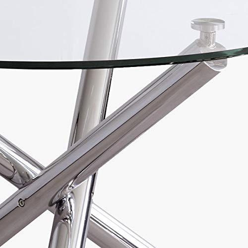 Mesa de Comedor Redonda Brisa sobre de Cristal Templado Transparente y Base de Metal Pulido Acabado Brillo de 110 cm