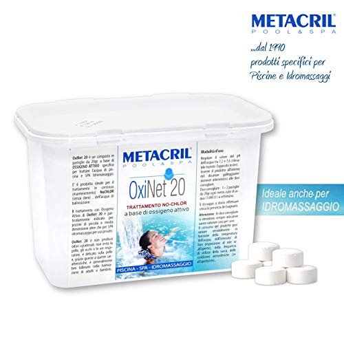 Metacril Easy Kit OXI para hidromasajes y Piscinas. Tratamiento Completo a Base de oxígeno (sin Cloro) en Pastillas de 20 g. Ideal para Jacuzzi, Intex, Bestway, Dimhora. Envío inmediato.