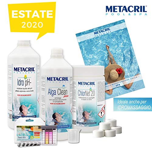 Metacril Starter Kit Chlor para tratamiento de agua a base de cloro en pastillas de 20 g. Ideal para piscina o hidromasaje (Teuco, Jacuzzi, Dimhora, Intex,Bestway, ECC). Envío inmediato.