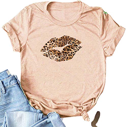 MIALIFEX gran leopardo labios impresos mujeres camiseta manga corta casual verano divertido camiseta mujer gráfico camiseta femme