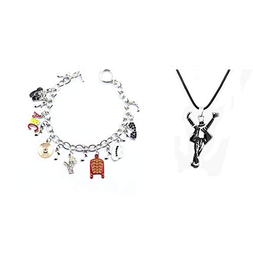 Michael Jackson Handmade Aleación Pulseras+Cordón Cuero Collar+Joyería Caja,Elementos Musicales de Michael Jackson Concierto Recuerdo Joyas Navidad, Cumpleaños, San Valentín,Regalo(Pulsera+Collar)