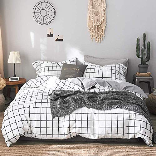 Michorinee - Juego de cama (135 x 200 cm, microfibra, funda nórdica con cremallera), diseño geométrico, color azul y blanco, microfibra, Blanco y negro a cuadros., 135 x 200 cm