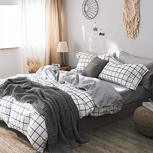 Michorinee - Juego de cama (135 x 200 cm, microfibra, funda nórdica con cremallera), diseño geométrico, color azul y blanco, microfibra, Blanco y negro a cuadros., 135 x 200 cm