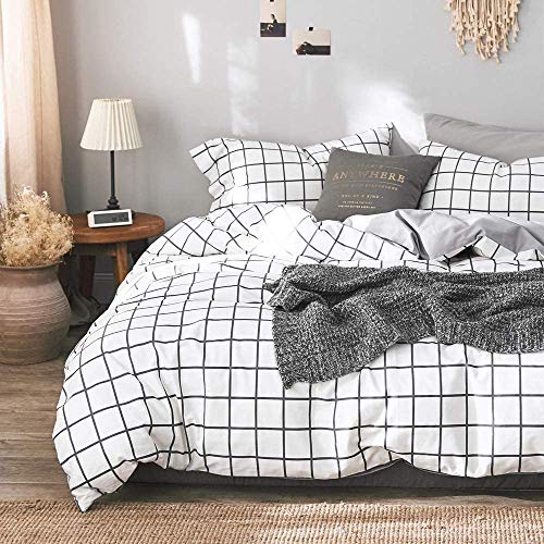 Michorinee - Juego de cama (135 x 200 cm, microfibra, funda nórdica con cremallera), diseño geométrico, color azul y blanco, microfibra, Blanco y negro a cuadros., 135 x 200 cm