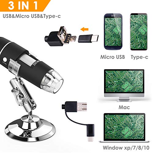 Microscopio USB, Splaks 1000x de Alta Potencia USB Microscopio Digital 3 en 1 Microscopio Digital con 8 Luces LED y Soporte para Microscopio Compatible con Windows, Android y Mac