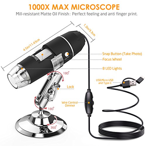 Microscopio USB, Splaks 1000x de Alta Potencia USB Microscopio Digital 3 en 1 Microscopio Digital con 8 Luces LED y Soporte para Microscopio Compatible con Windows, Android y Mac