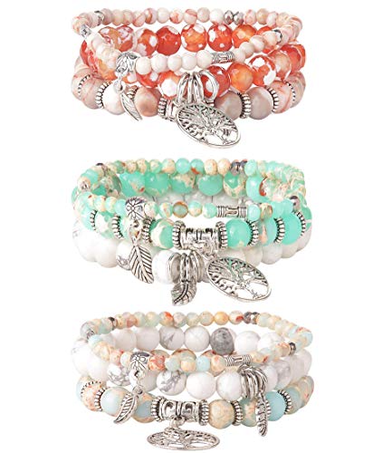 Milacolato 3 Set Pulsera con Cuentas del Árbol de la Vida para Mujeres Niñas Pareja Amigos Pulsera Pulsera de Yoga de Sanación con Piedra Natural Charm Chakra Bracelet Set