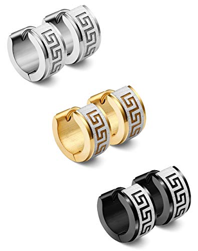 Milacolato 3Pares Acero Inoxidable Hoop Pendientes Aro Hombre Mujer Grabado Griego Pendientes Pequeño Anillo Pendientes Piercing Oreja