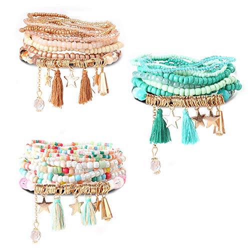 Milacolato 3Set Bead Mala Wrap Bracelet para Mujeres Niñas de Bohemia de Múltiples Capas Pulseras Apilables