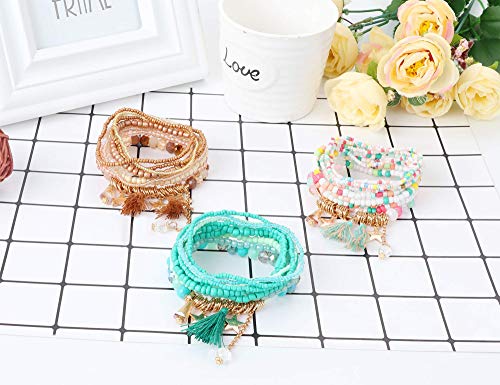 Milacolato 3Set Bead Mala Wrap Bracelet para Mujeres Niñas de Bohemia de Múltiples Capas Pulseras Apilables