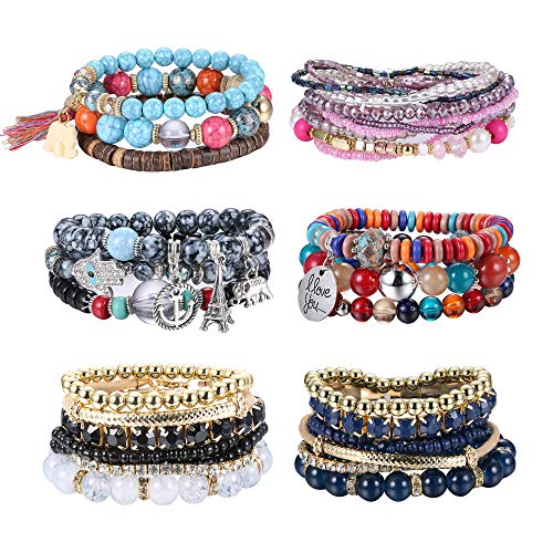 Milacolato 6 Sets Pulseras con Cuentas de Bohemia Set para Mujeres Pulseras Apilables Pulseras de Brazaletes con Cuentas de Múltiples Capas Elásticas