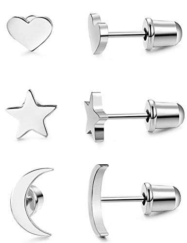 Milacolato Acero Inoxidable Pendientes de Estrella Luna y Corazón de las Mujeres Aretes Pendientes Piercing Cartilago Joyería de Moda Helix Ear Piercing, 3 Pares