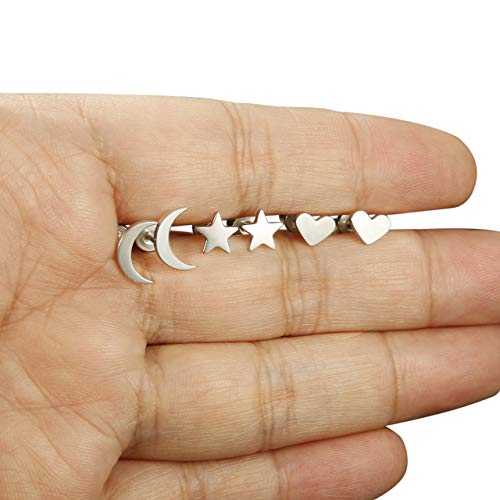 Milacolato Acero Inoxidable Pendientes de Estrella Luna y Corazón de las Mujeres Aretes Pendientes Piercing Cartilago Joyería de Moda Helix Ear Piercing, 3 Pares