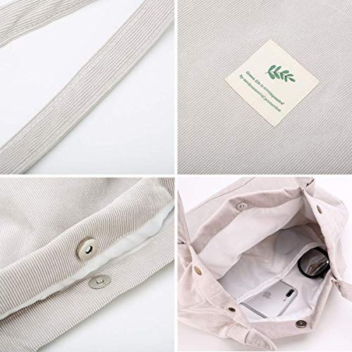 Milai Bolso de pana para damas chica gran Bolso de hombro de pana Bolso de mano lavable reutilizable bolso de bandolera casual para mamá maestra trabajo escolar playa compras comida viajes (Gris)