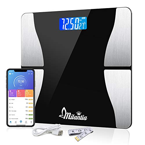 Milantia Báscula Inteligente Baño, Báscula de Baño Báscula de Bioimpedanecia 15 Medidas Esenciales BMI,LBM,Grasa 180kg Bluetooth 4.0. Android 4.3 IOS 7.0