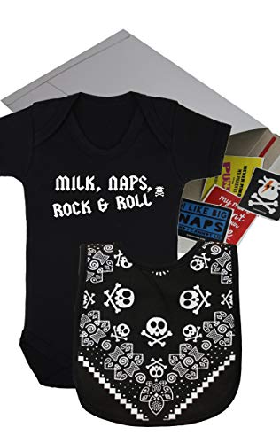 Milk, Naps, Rock & Roll Baby Set de regalo/divertida bolsa de regalo para niños o niñas, bolsa de regalo para bebé/Cool Baby Shower Idea negro Talla: 6-12 Meses
