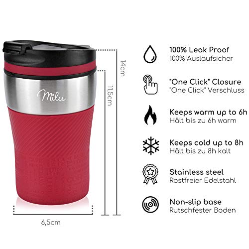 Milu Termo Taza 210ml - Vaso Termico de Viaje - Café para Llevar - Taza de Viaje - Taza de acero inoxidable para beber - con aislamiento de doble pared (Rojo, 210ml)