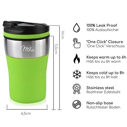 Milu Termo Taza 210ml - Vaso Termico de Viaje - Café para Llevar - Taza de Viaje - Taza de acero inoxidable para beber - con aislamiento de doble pared (Verde, 210ml)
