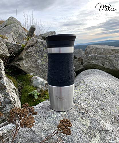 Milu Termo Taza 370ml, 450ml - Vaso Termico de Viaje - Café para Llevar - Taza de Viaje - Taza de acero inoxidable para beber - con aislamiento de doble pared (370ml, Negro)