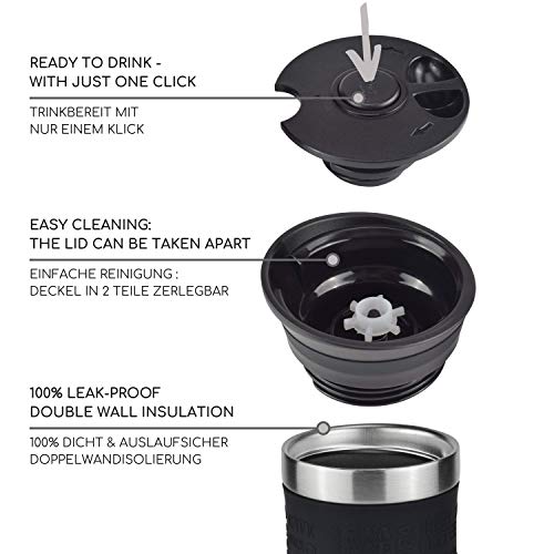 Milu Termo Taza 370ml, 450ml - Vaso Termico de Viaje - Café para Llevar - Taza de Viaje - Taza de acero inoxidable para beber - con aislamiento de doble pared (370ml, Negro)