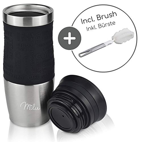 Milu Termo Taza 370ml, 450ml - Vaso Termico de Viaje - Café para Llevar - Taza de Viaje - Taza de acero inoxidable para beber - con aislamiento de doble pared (370ml, Negro)