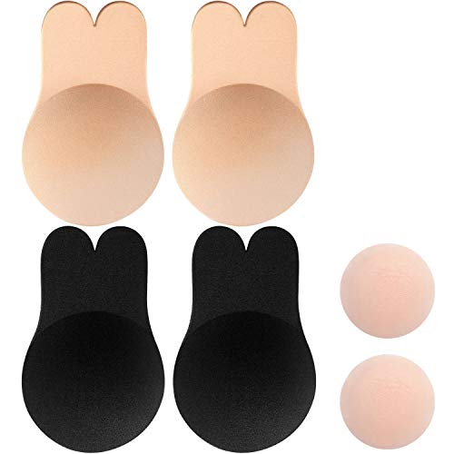 MIMEIMIAI Pezoneras Adhesivas, Sujetador Invisible Adhesivo Silicona Reutilizable para Mujer (Beige+Black (2 Pares), L (C/D Cup))