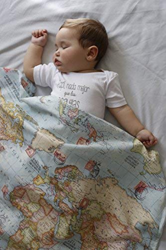 Mimuselina Arrullo para Bebé Recién Nacido | Arrullo de Algodón 100%, Extrasuave con Interior Aterciopelado, Ligero, Cálido y Confortable para el Invierno, Estampado Mapa Mundi, 90x70 cm