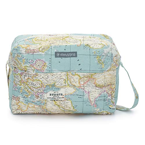 Mimuselina Bolsa de Maternidad | Bolso Organizador Productos Bebé, Bolsa Maternal para Hospital y para Silla de Paseo, Impermeable, Espaciosa, Práctica y Cómoda, Estampado Mapamundi, 40x28x14 cm