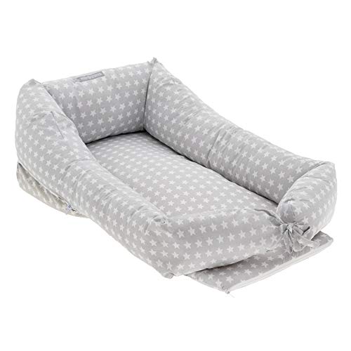 Mimuselina Cuco Nest Reductor | Cama Nido Desenfundable, Minicuna Portátil Colcheo, Reductor de Cuna, Chichonera, Cojín de Lactancia, Impermeable, Estampado Estrellas Gris, 85x52 cm