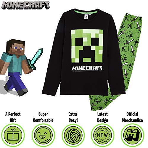 Minecraft Pijama para Niños Invierno con Camiseta Creeper, Ropa de Dormir Niño, Camiseta de Manga Larga y Pantalones, Regalo para Niños (13/14 Años)