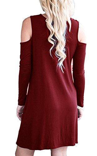 Minetom Moda Mujer Bolsillo Manga Larga Casual Loose Camiseta Vestido De Fiesta De Noche B Vino Rojo ES 42