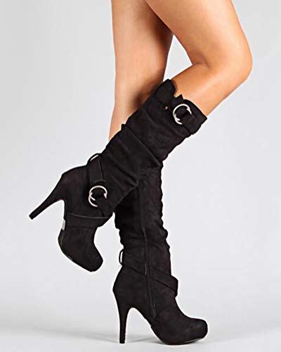 Minetom Mujer Botas Largas De Gamuza Casual Tacones Aguja Altos Zapatos Otoño Invierno Retro Botas Altas Calentar Moda Negro 39 EU