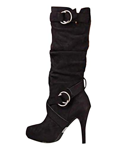 Minetom Mujer Botas Largas De Gamuza Casual Tacones Aguja Altos Zapatos Otoño Invierno Retro Botas Altas Calentar Moda Negro 39 EU