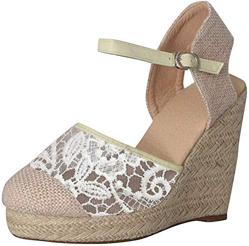 Minetom Mujer Sandalias de Plataforma Tacón Alto Cuña Elegante Encaje Alpargatas Espadrilles Hebilla Chancletas Zapatillas Confort Transpirable Zapatos de Verano Beige 35 EU