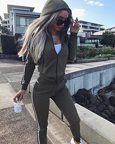 Minetom Mujeres 3 Piezas Chándal Deportivos Hoodie Abrigo Sweatshirt Sudadera con Capucha + Chaleco Chaqueta + Pantalones A Ejercito Verde ES 38