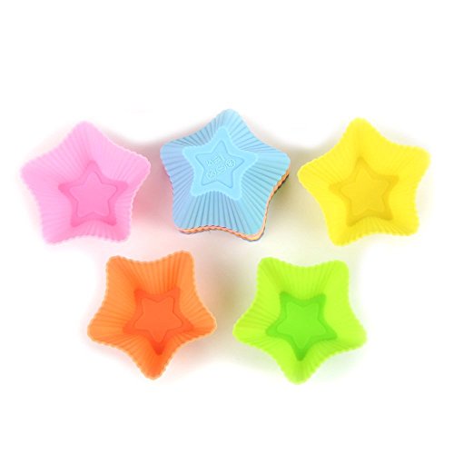 MINGZE Forros de silicona para cupcakes de 24 piezas, moldes para muffins para pastelería, antiadherentes y reutilizables, Moldes de horneado, 4 formas redondas estrellas corazón flores