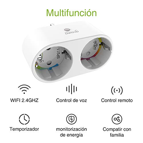 Mini Enchufe Inteligente Wifi con 2 Toma Controlar Individual, Monitor de Energía, Ahorrar Espacio, Compatible con Alexa/Google Home, Control Remoto, Horario, Gosund Seguro Diseño 2-1 Smart Plug
