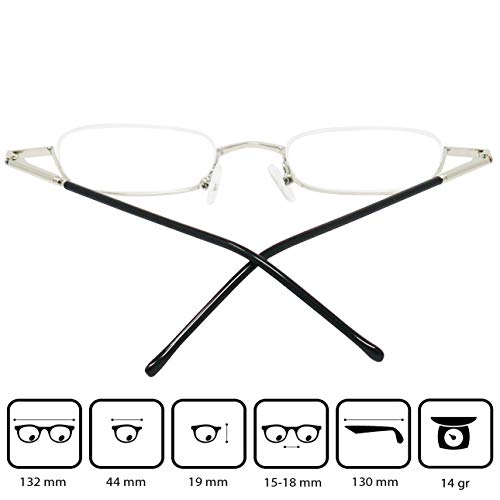 Mini Gafas de Lectura de Media Montura de Metal Ligeras, Montura de Acero Inoxidable (Plateadas), Estuche de Aluminio GRATIS, Ayuda Para Leer Para Mujeres y Hombres, Dioptrías +1.0