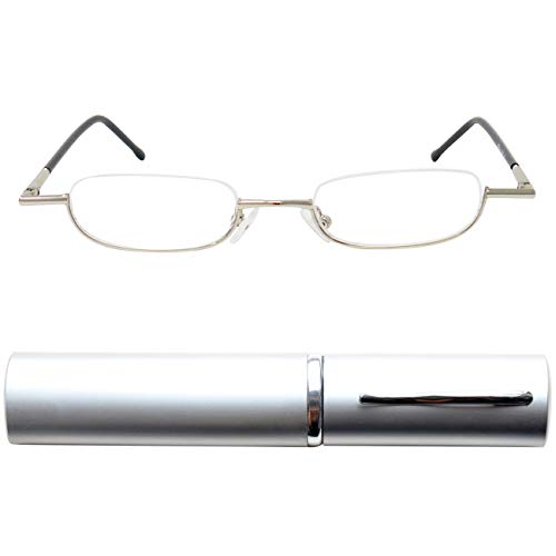Mini Gafas de Lectura de Media Montura de Metal Ligeras, Montura de Acero Inoxidable (Plateadas), Estuche de Aluminio GRATIS, Ayuda Para Leer Para Mujeres y Hombres, Dioptrías +1.0