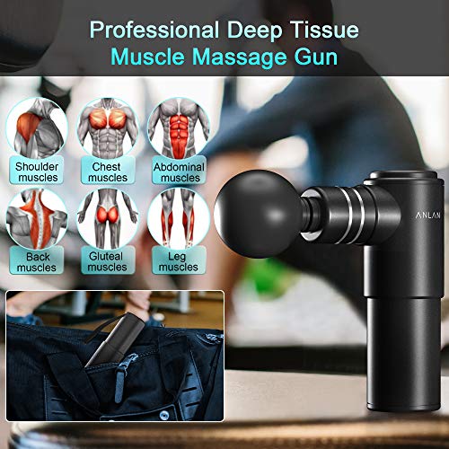 Mini Pistola de Masajeadora Muscular, ANLAN Masajeador de Tejido Muscular Profundo con 4 Niveles Ajustables y 4 Cabezas de Masaje, Ultra Silencioso, Pequeño y Portátil para Relajación Recuperación