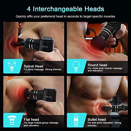 Mini Pistola de Masajeadora Muscular, ANLAN Masajeador de Tejido Muscular Profundo con 4 Niveles Ajustables y 4 Cabezas de Masaje, Ultra Silencioso, Pequeño y Portátil para Relajación Recuperación
