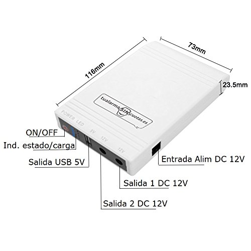 Mini UPS o Mini SAI con batería Interna de Gran Capacidad y Salidas 5V+12Vx2. Válido para routers, cámaras, alarmas, etc