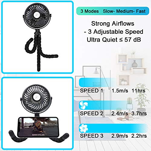 Mini Ventilador portátil, Ventilador de Cochecito alimentado por Batería o Usb, Camping Ventilador con Trípode flexible y Luces LED, flujo de Aire Fuerte pero silencioso, 720 ° ajustable 3 Velocidades