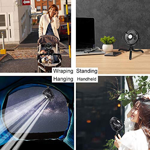 Mini Ventilador portátil, Ventilador de Cochecito alimentado por Batería o Usb, Camping Ventilador con Trípode flexible y Luces LED, flujo de Aire Fuerte pero silencioso, 720 ° ajustable 3 Velocidades